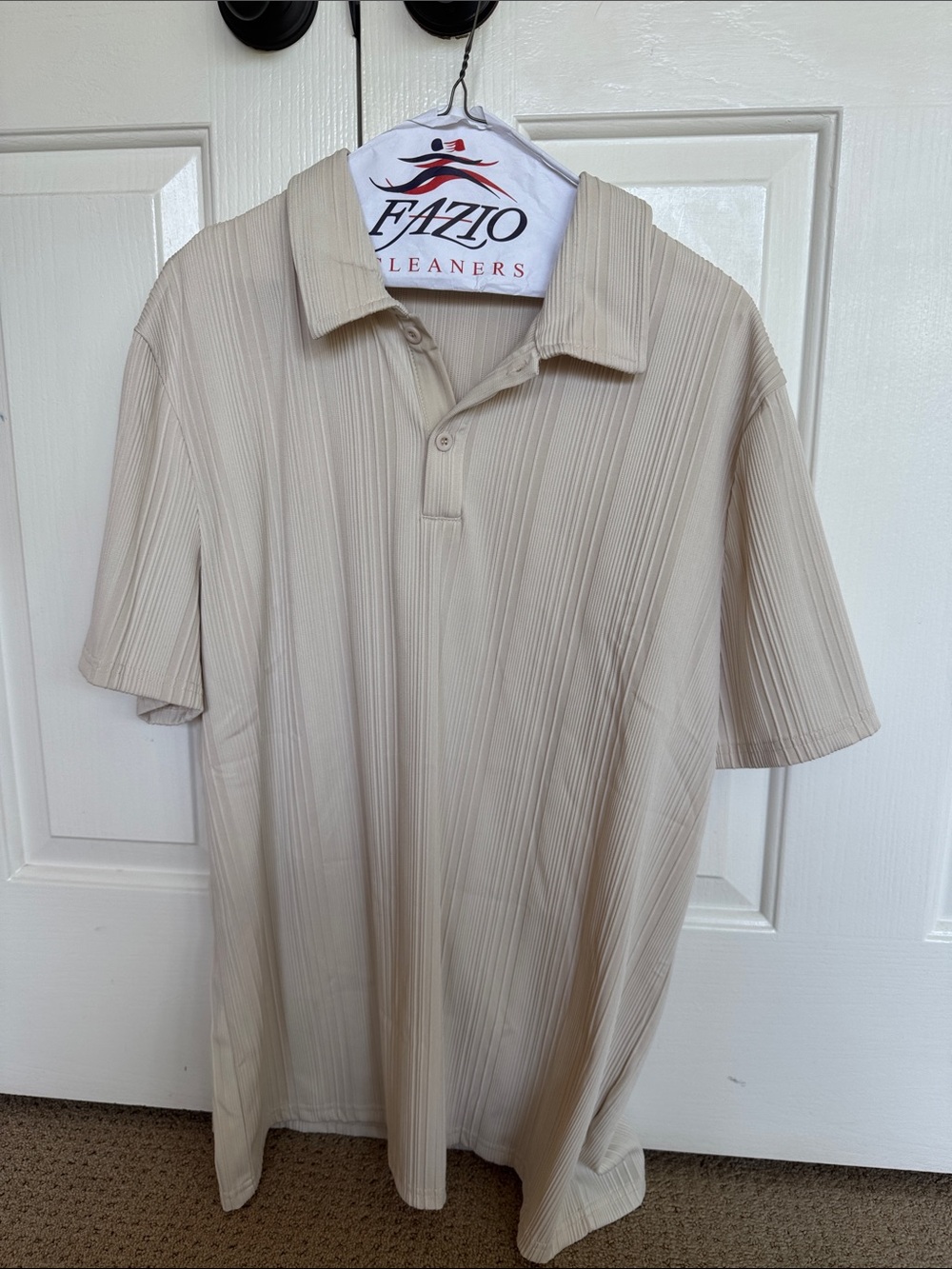 Men's Beige Short-Sleeve Polo with Subtle Stripe Texture